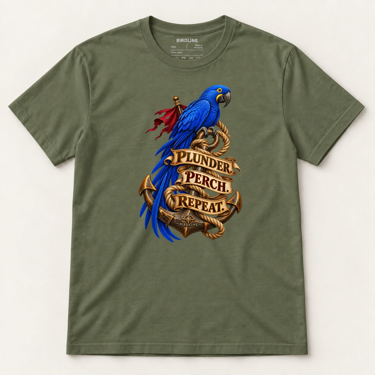 Plunder Perch Repeat T-Shirt in Military Green, front view