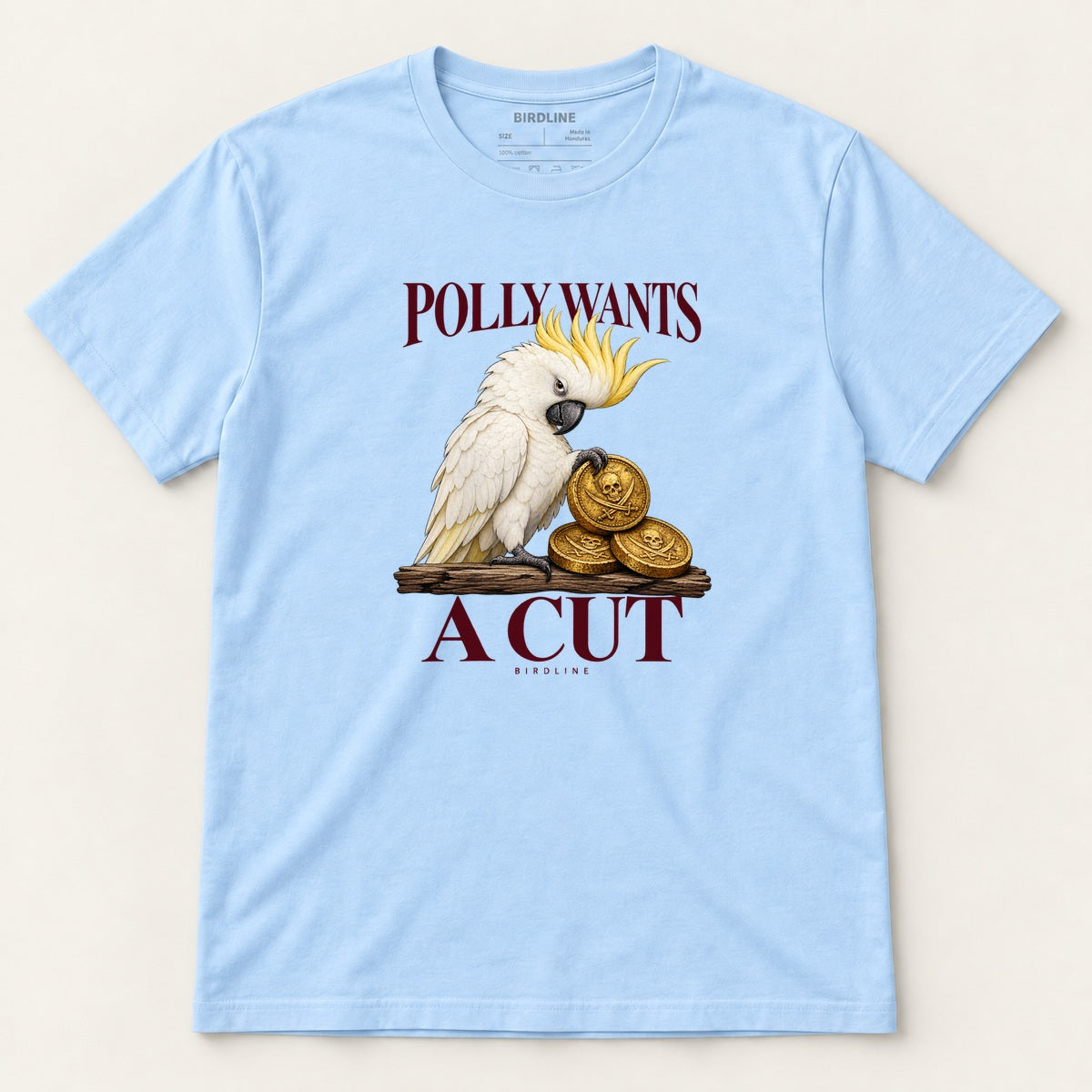 Polly Wants A Cut T-Shirt in Light Blue, front view