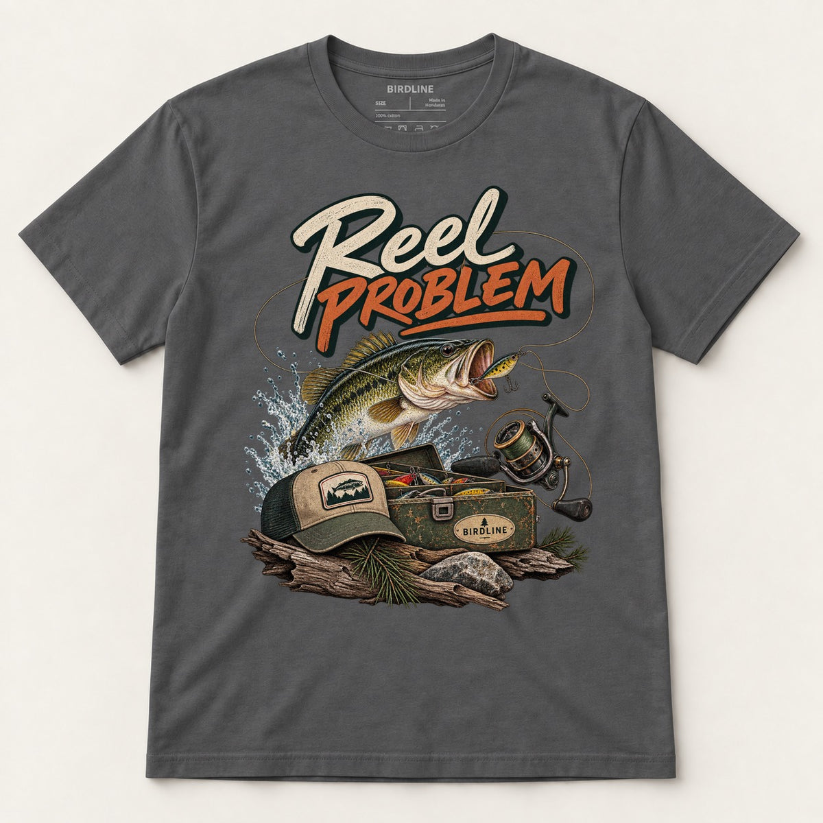 Reel Problem T-Shirt in Charcoal, front view