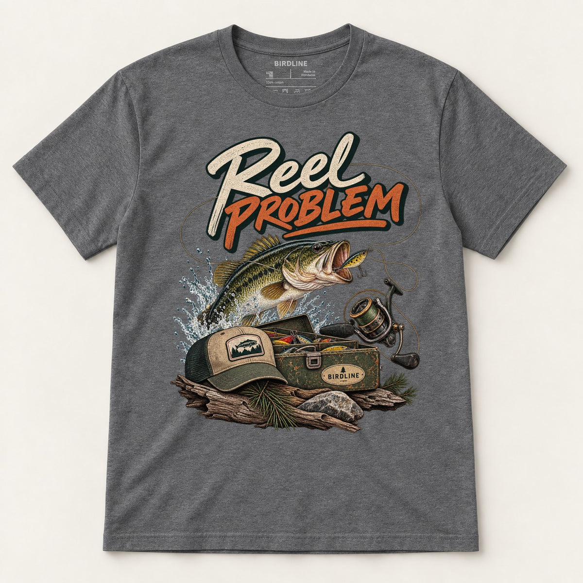 Reel Problem T-Shirt in Dark Heather, front view