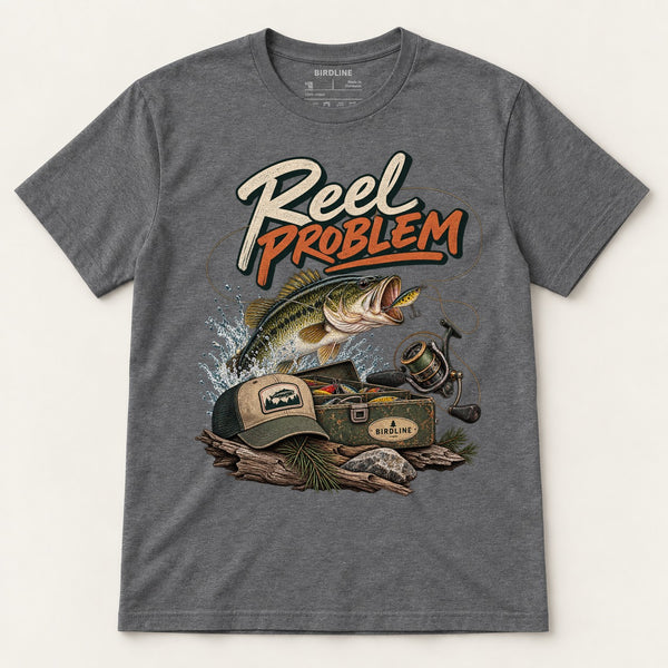 Reel Problem T-Shirt in Dark Heather, front view