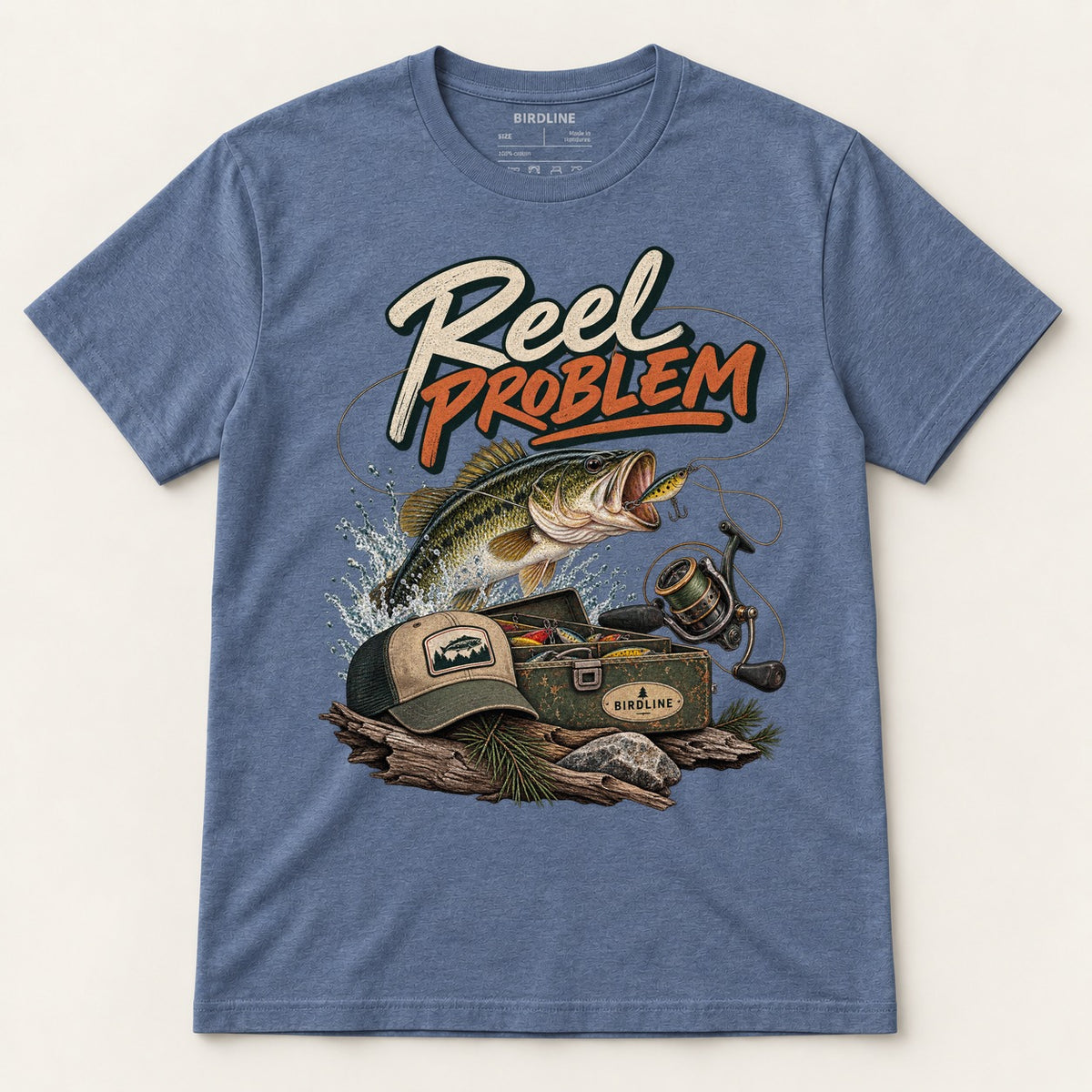 Reel Problem T-Shirt in Heather Indigo, front view