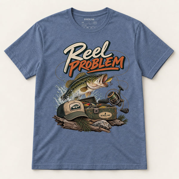 Reel Problem T-Shirt in Heather Indigo, front view