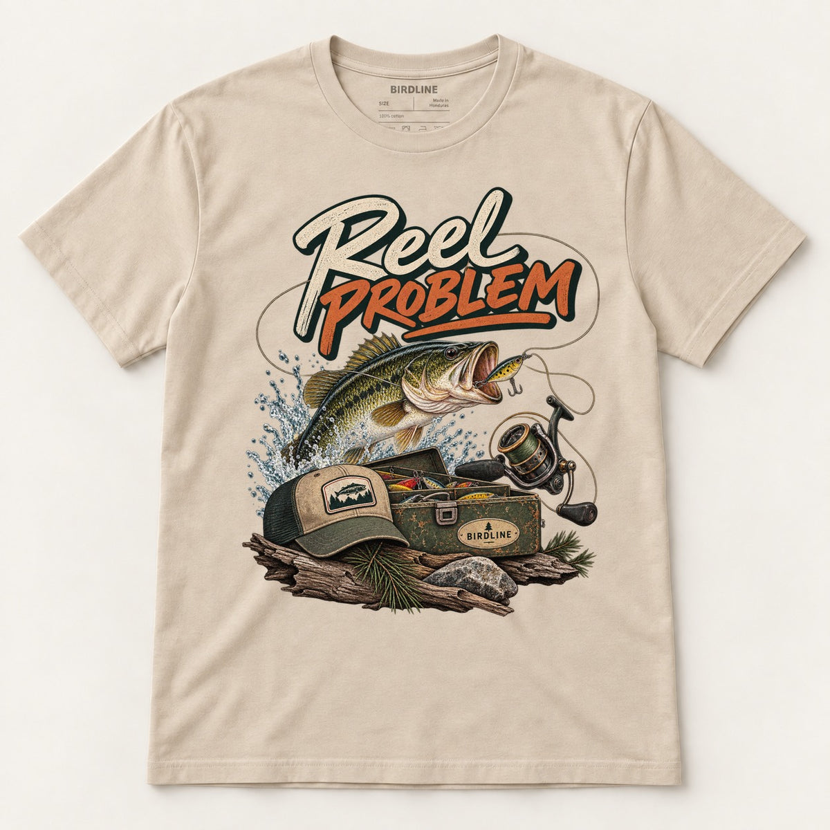 Reel Problem T-Shirt in Sand, front view