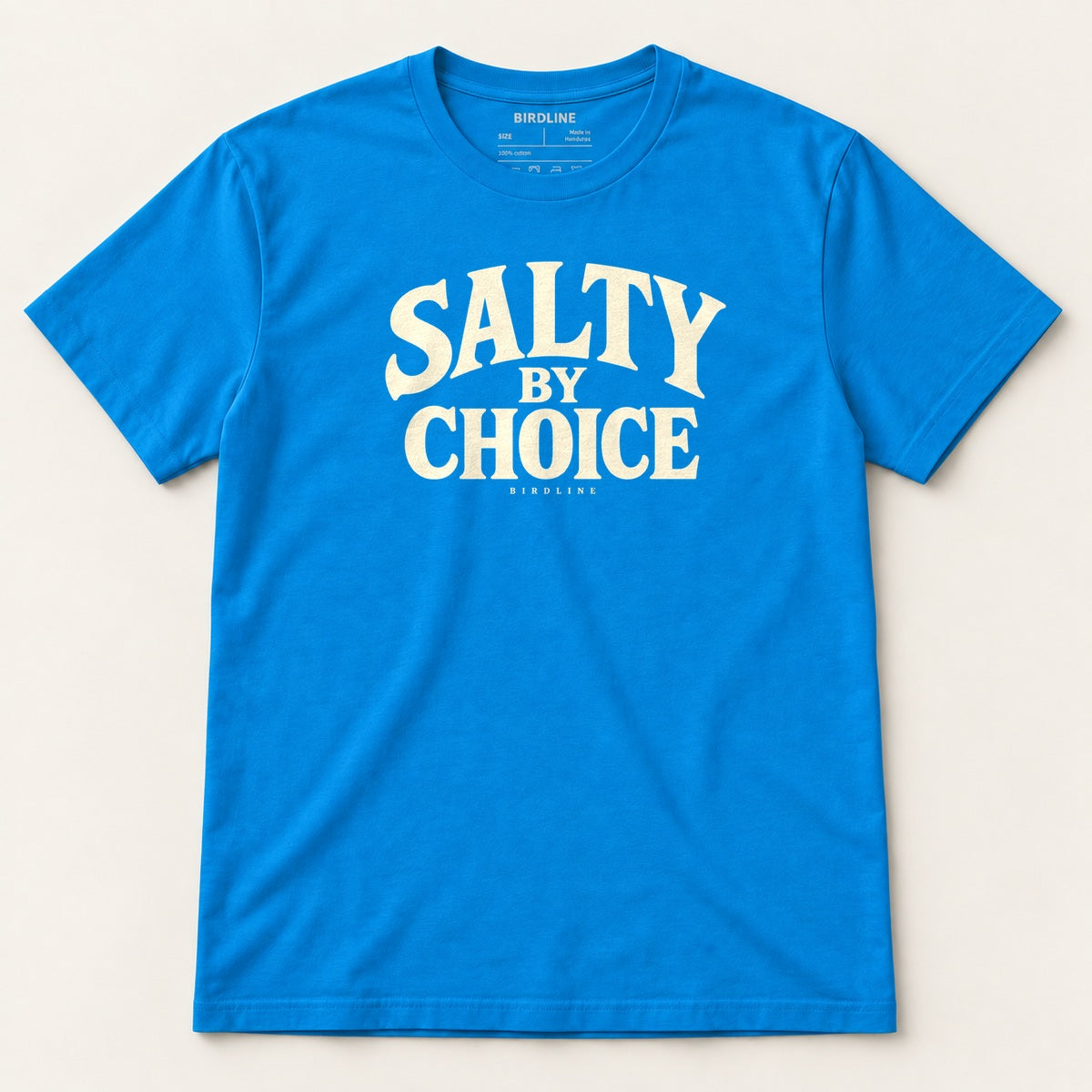 Salty By Choice T-Shirt in Sapphire, front view premium-quality garment detail