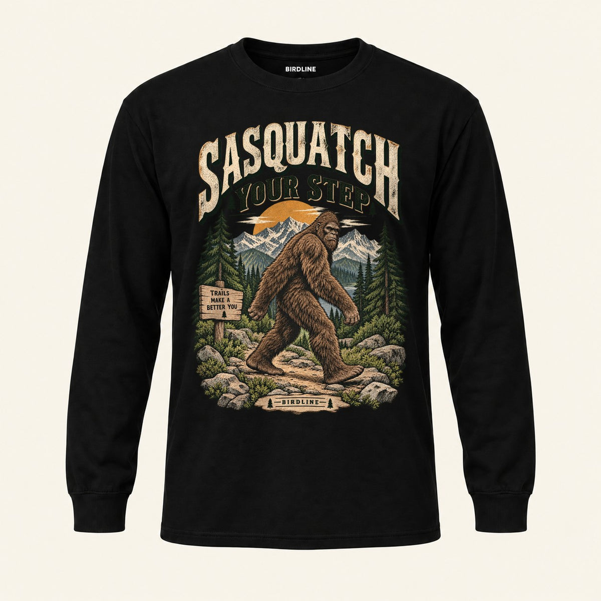 Sasquatch Your Step Long Sleeve Shirt in Black, front view