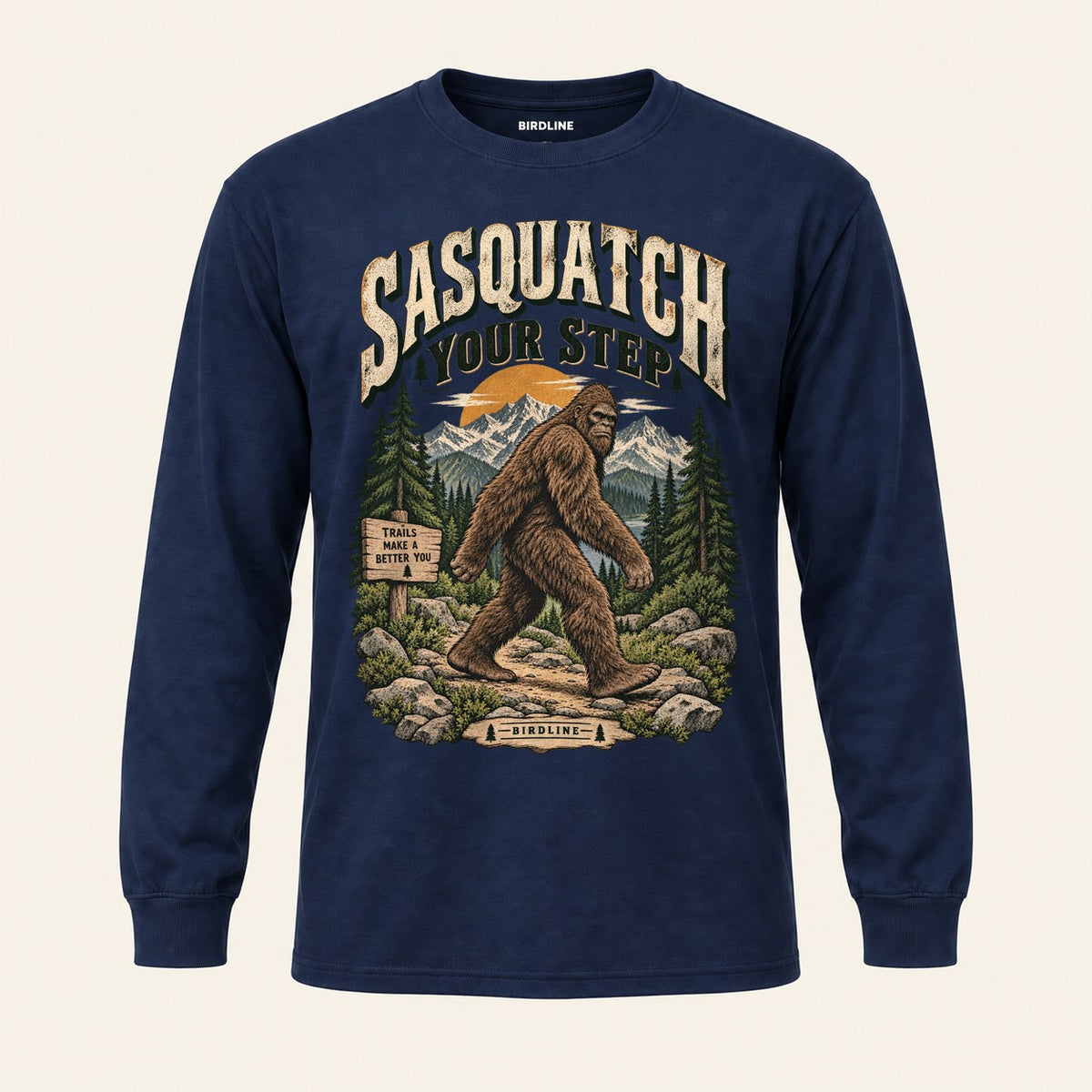 Sasquatch Your Step Long Sleeve Shirt in Navy, front view