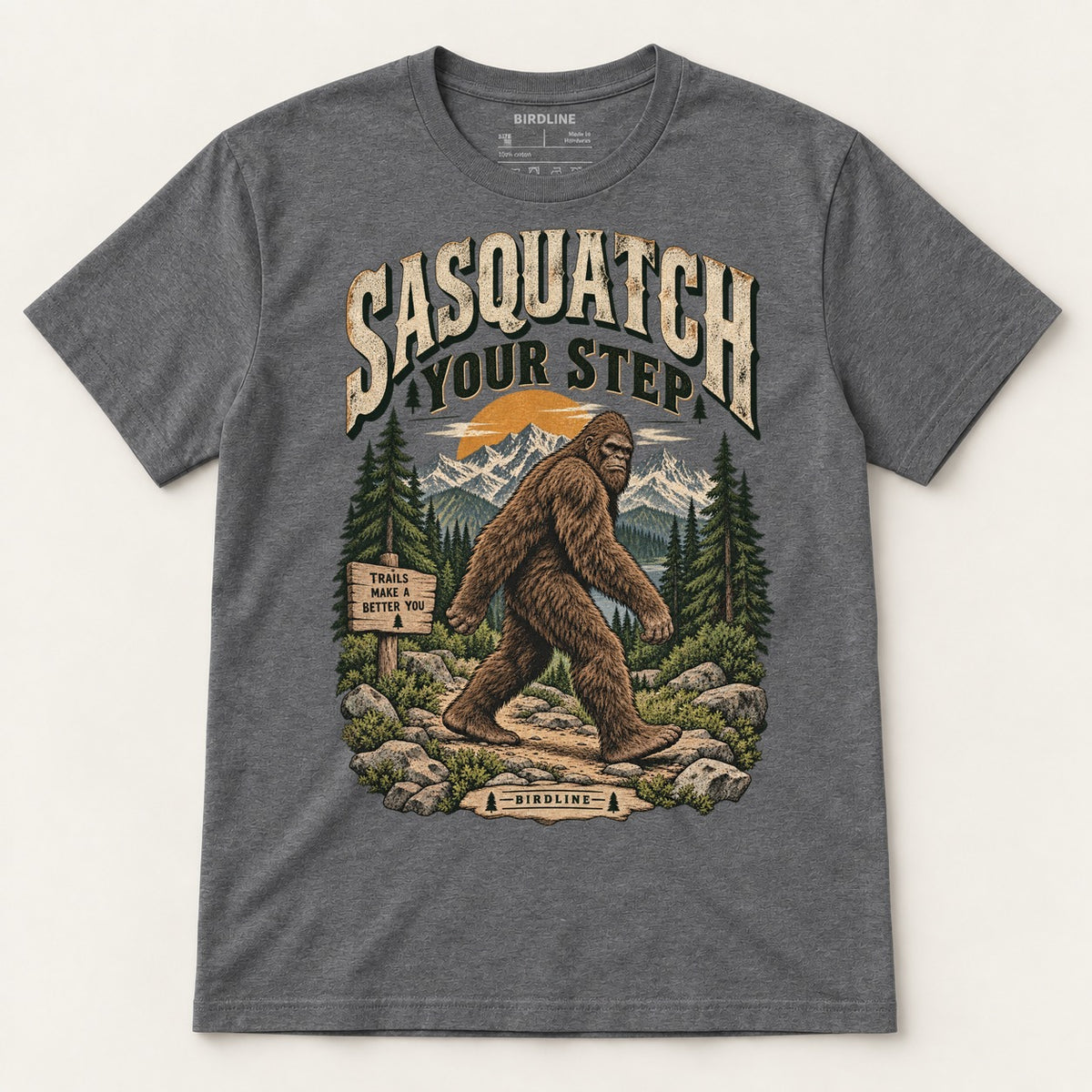Sasquatch Your Step T-Shirt in Dark Heather, front view