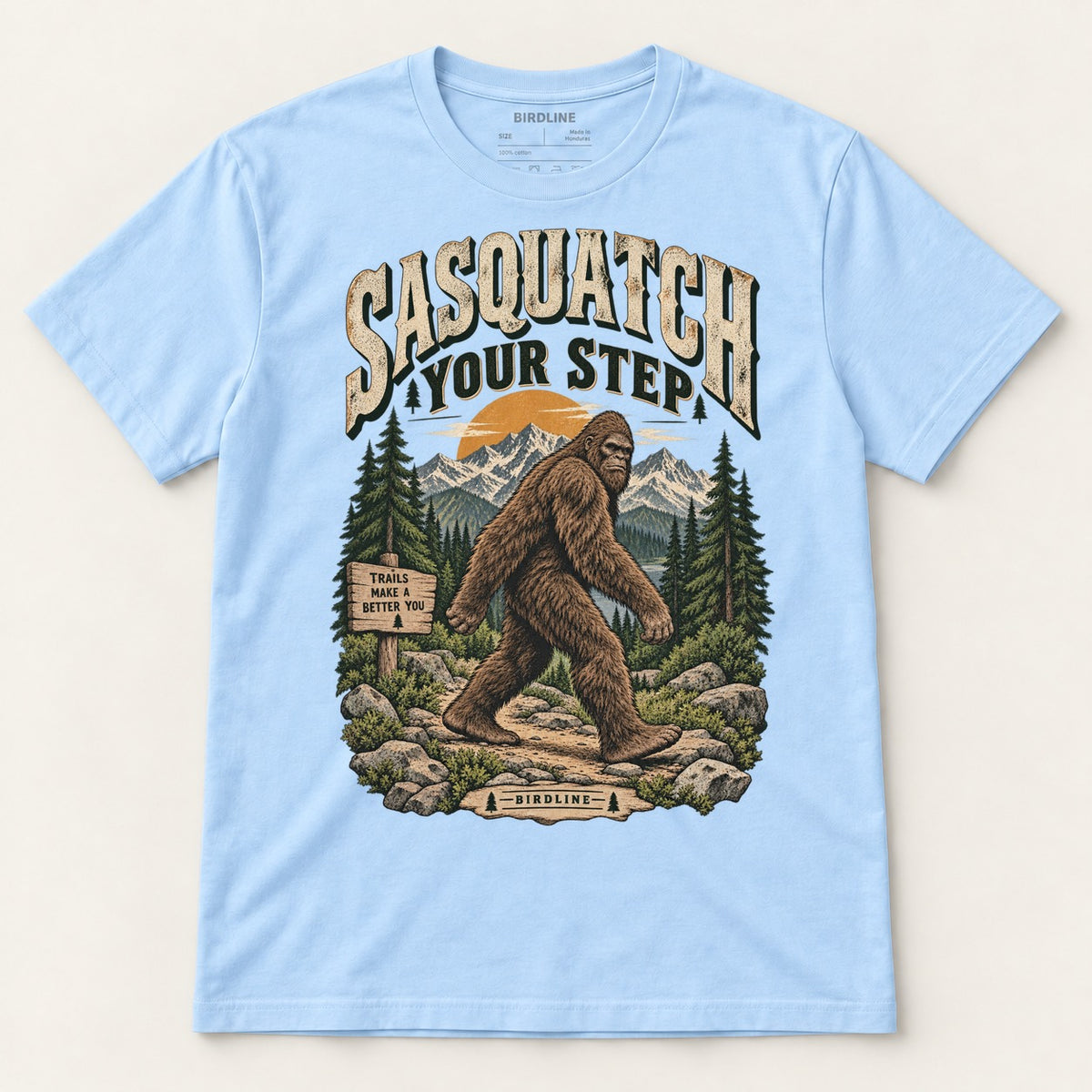 Sasquatch Your Step T-Shirt in Light Blue, front view