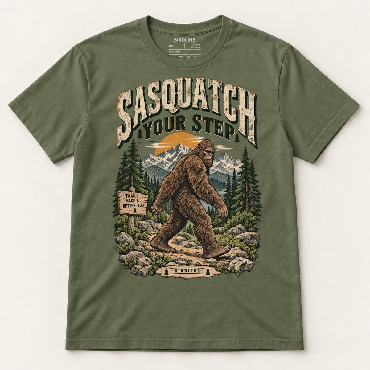 Sasquatch Your Step T-Shirt in Military Green, front view