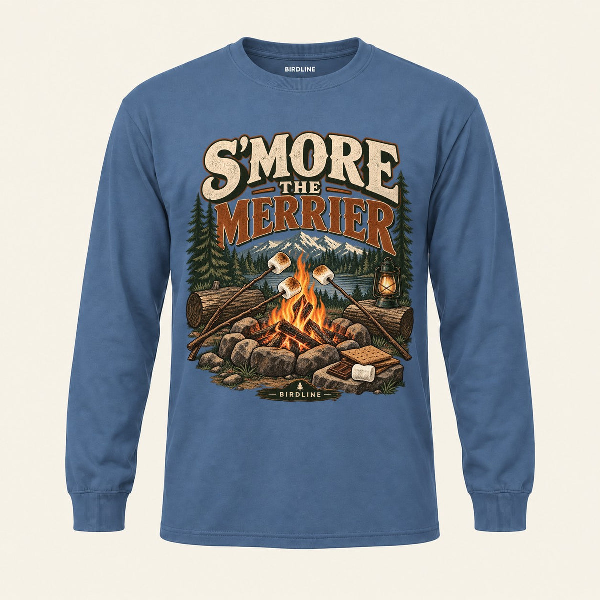 S'more The Merrier Long Sleeve Shirt in Indigo Blue, front view