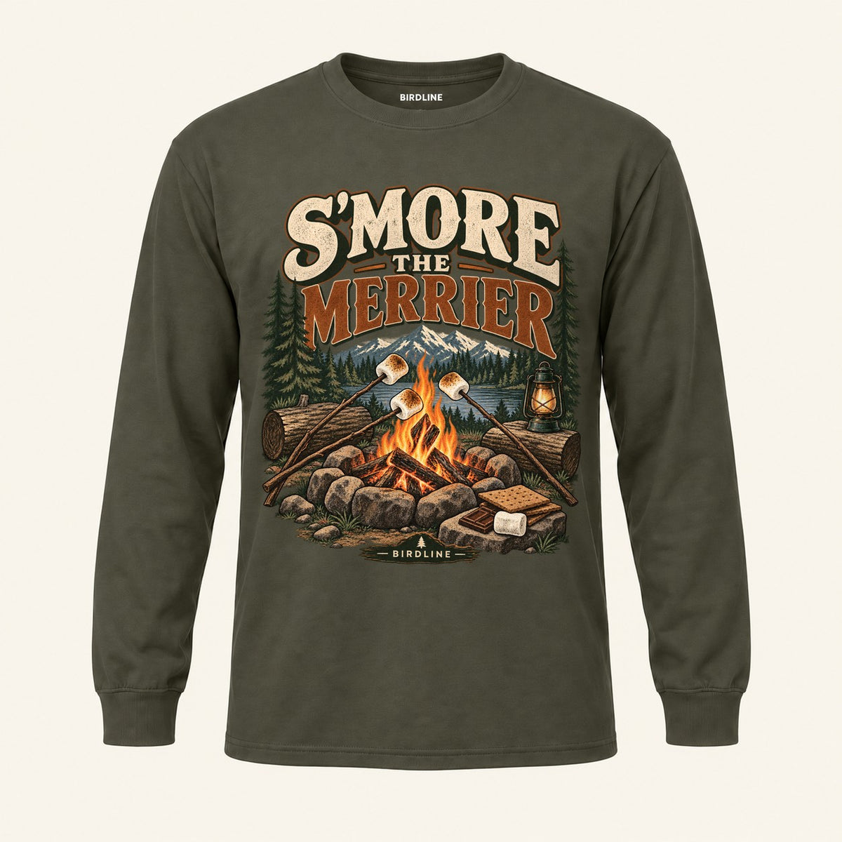 S'more The Merrier Long Sleeve Shirt in Military Green, front view