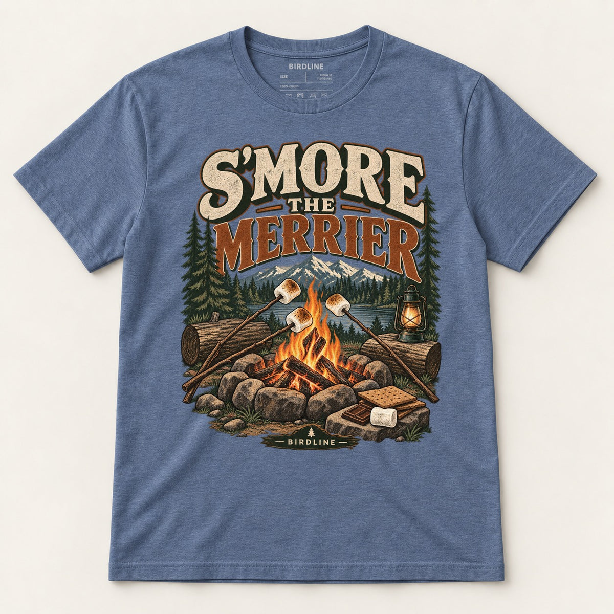 S'more The Merrier T-Shirt in Heather Indigo, front view