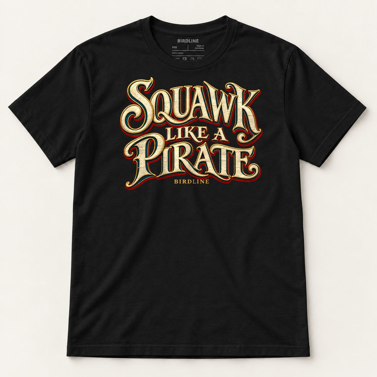 Squawk Like A Pirate T-Shirt in Black, front view