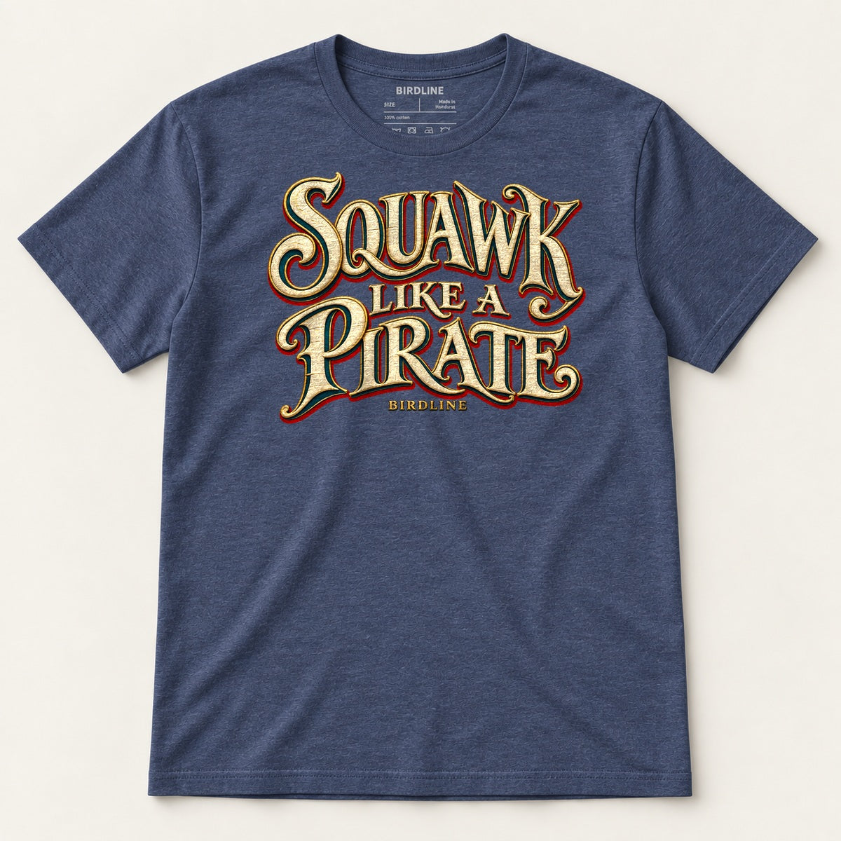 Squawk Like A Pirate T-Shirt in Heather Navy, front view