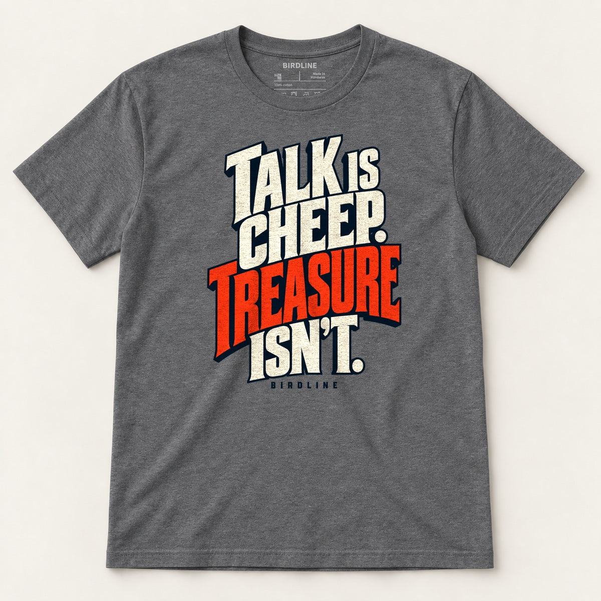 Talk Is Cheep T-Shirt in Dark Heather, front view
