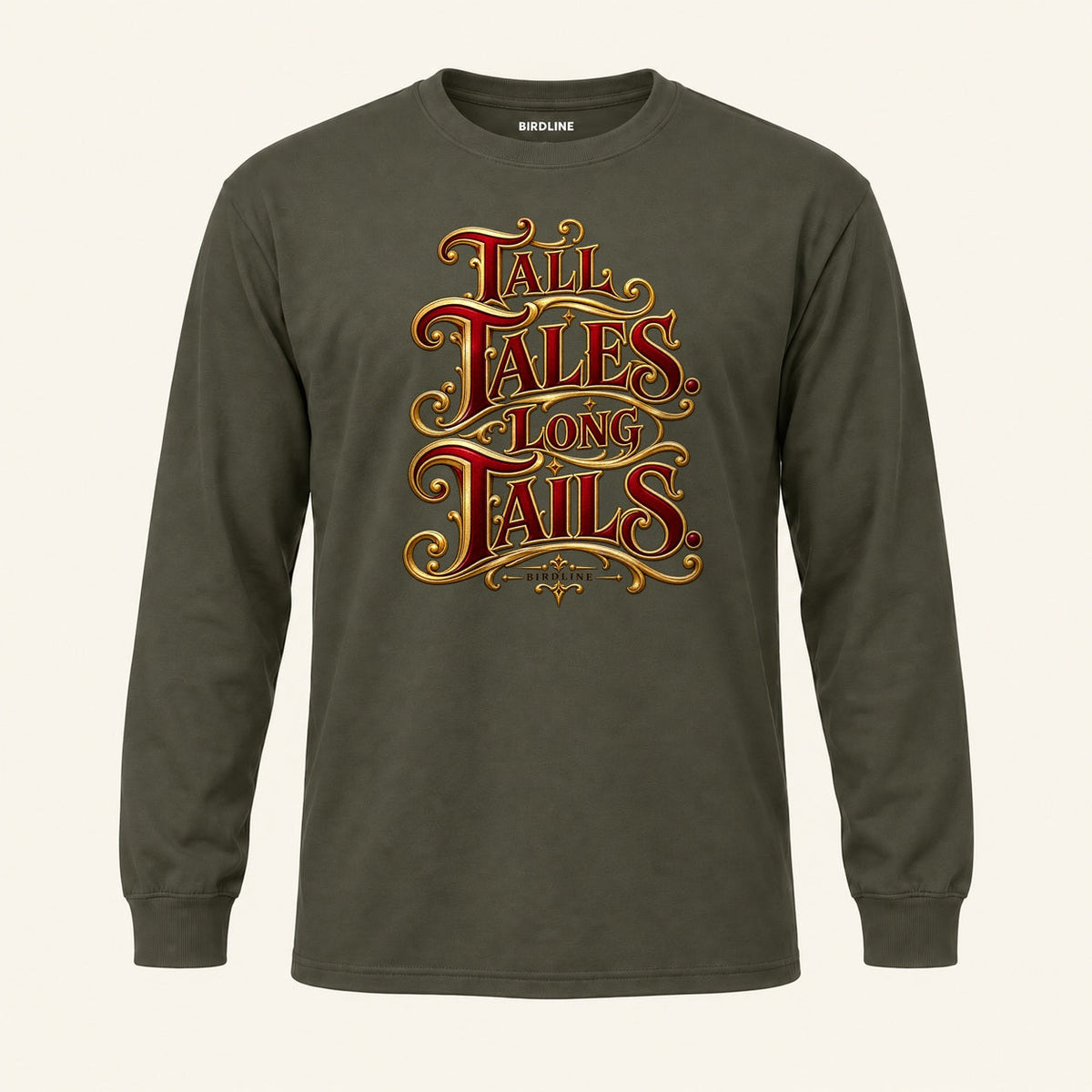 Tall Tales Long Tails Long Sleeve Shirt in Military Green, front view