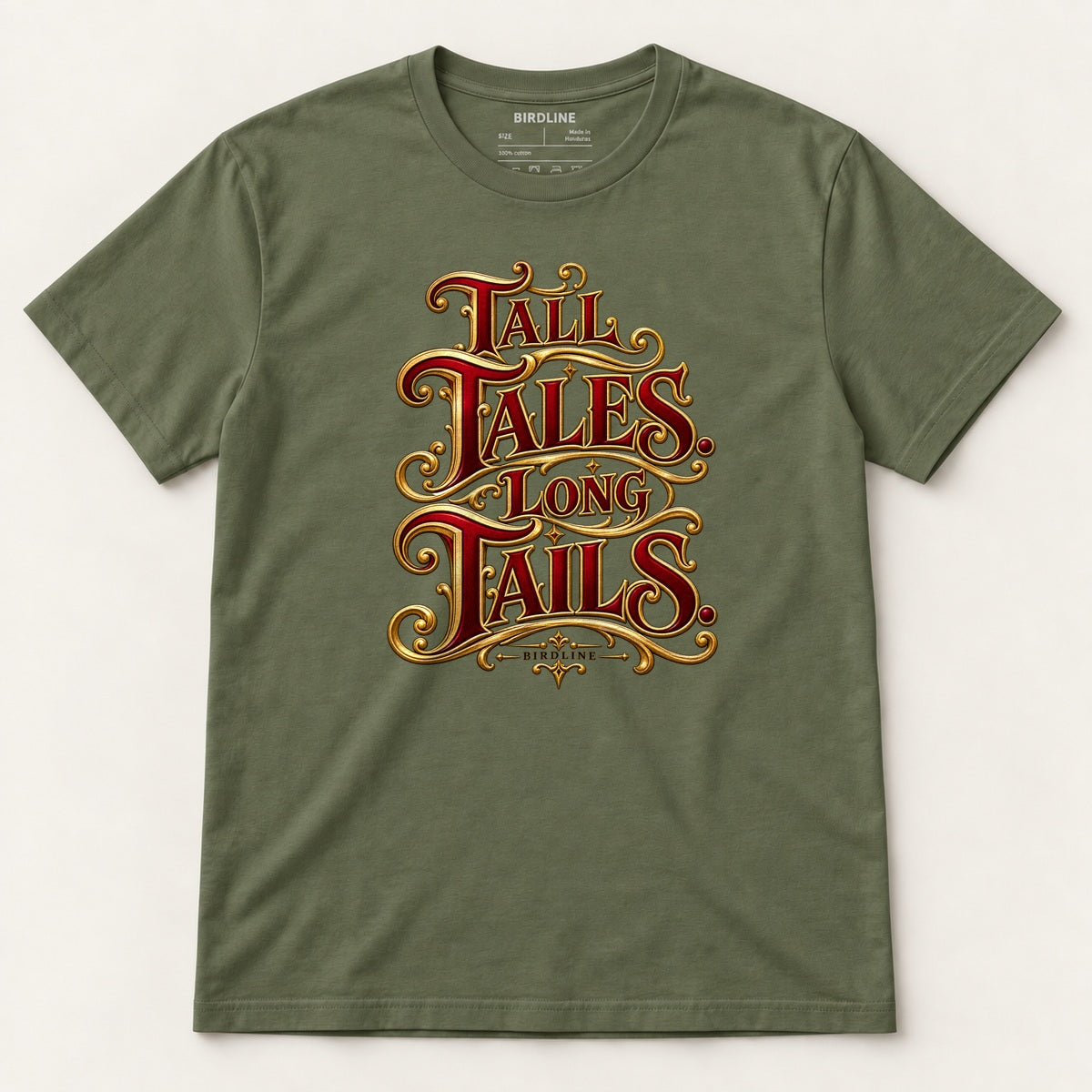Tall Tales Long Tails T-Shirt in Military Green, front view
