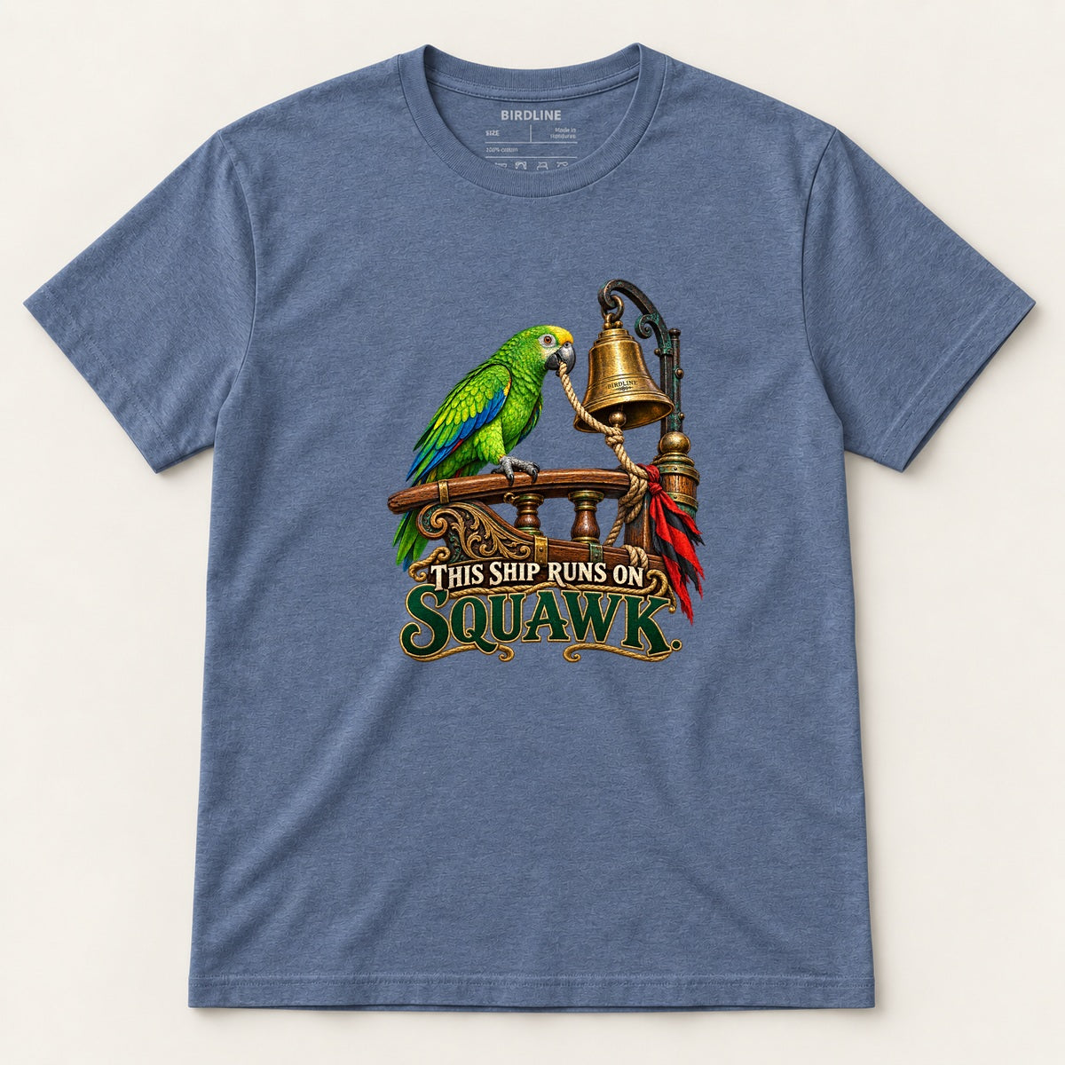 This Ship Runs On Squawk T-Shirt in Heather Indigo, front view