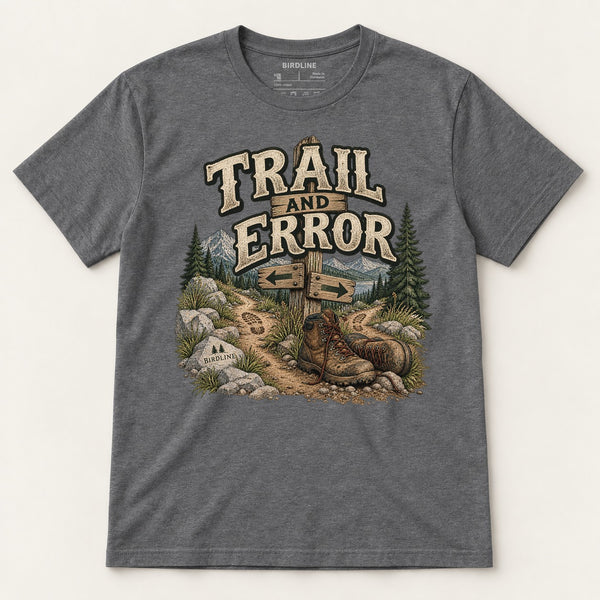 Trail And Error T-Shirt in Dark Heather, front view