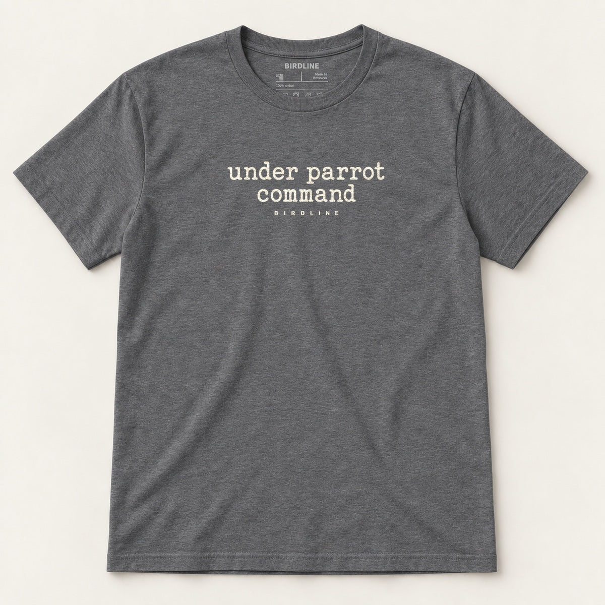 Under Parrot Command T-Shirt in Dark Heather, front view