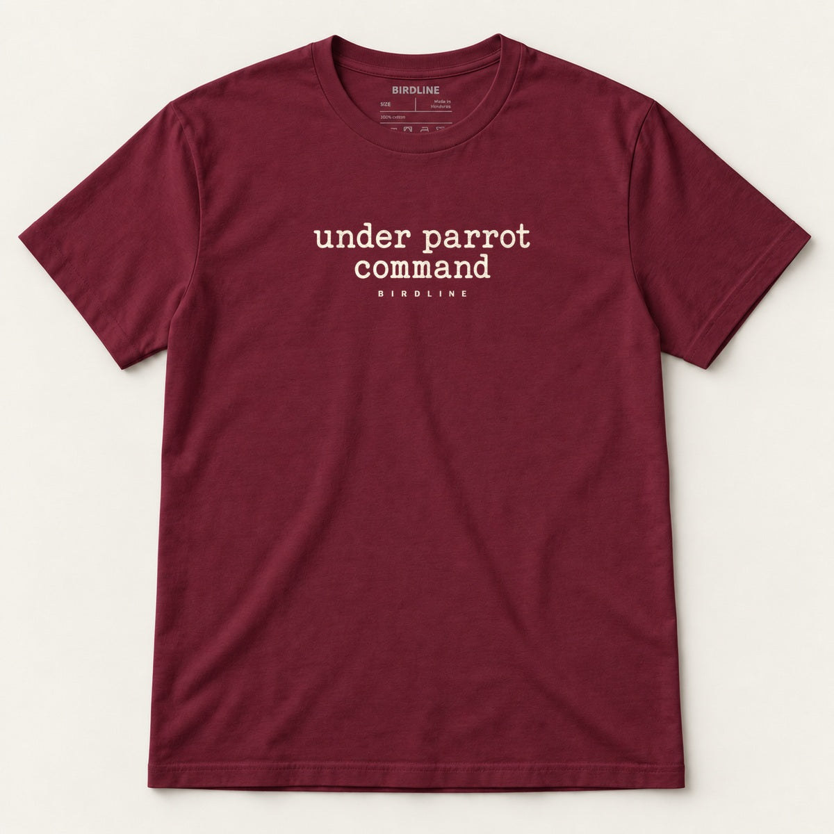 Under Parrot Command T-Shirt in Maroon, front view