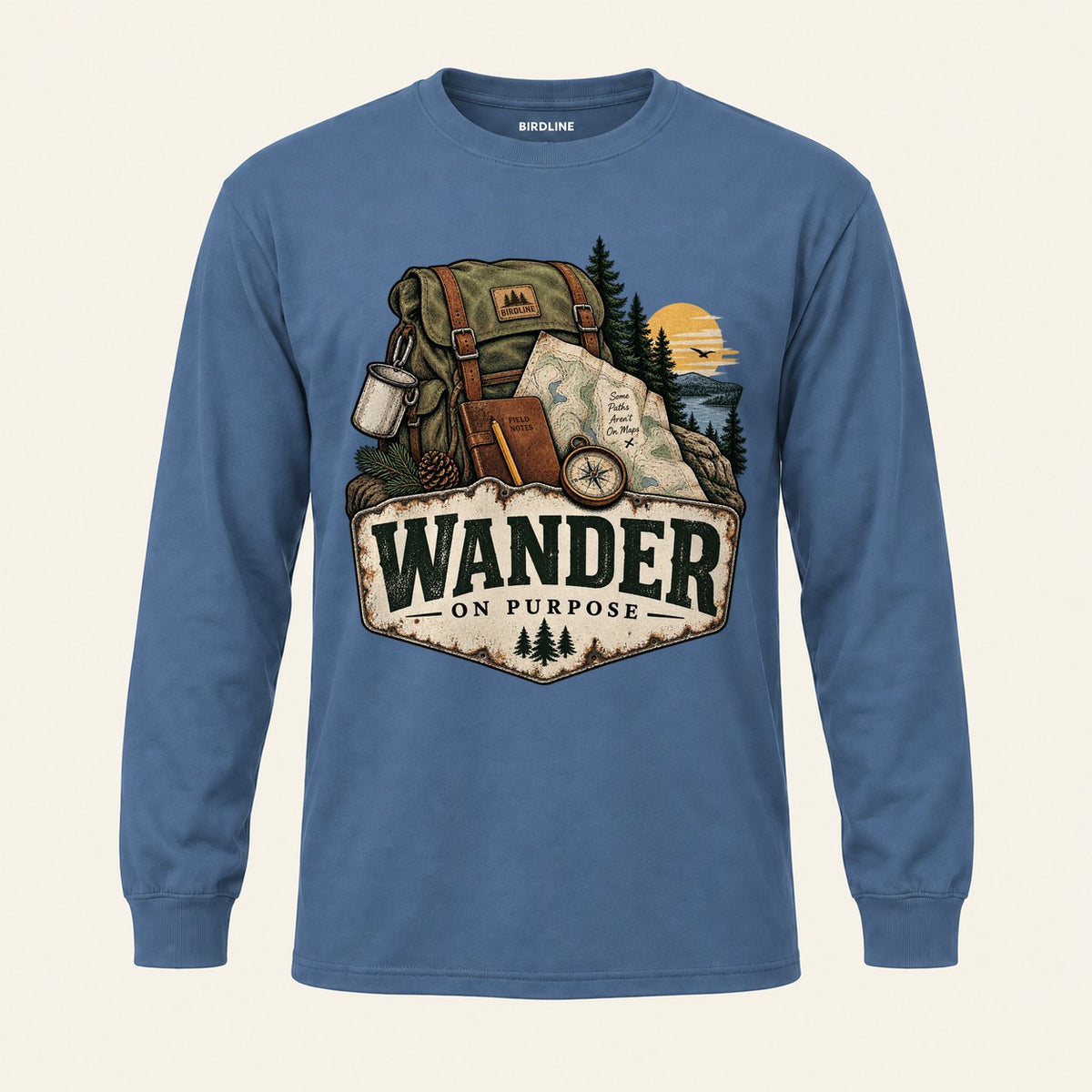 Wander On Purpose Long Sleeve Shirt in Indigo Blue, front view