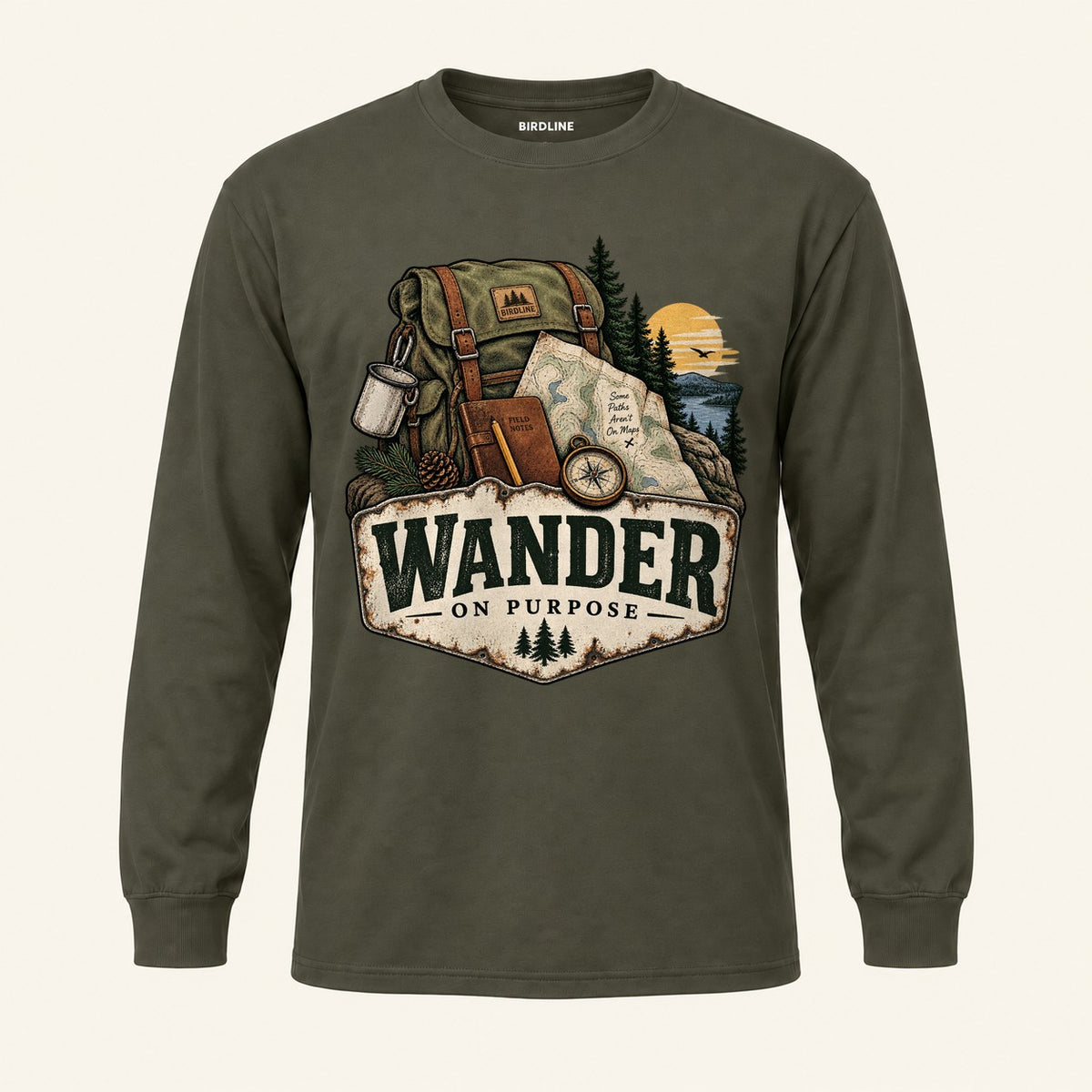 Wander On Purpose Long Sleeve Shirt in Military Green, front view