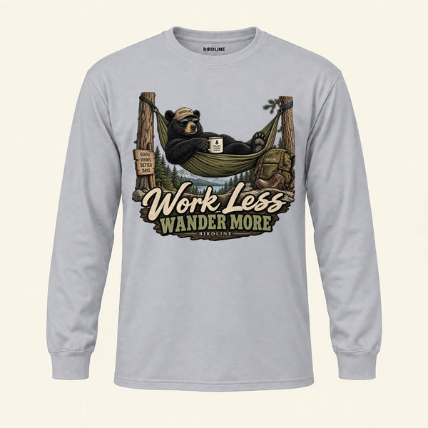Work Less Wander More Long Sleeve Shirt in Sport Grey, front view