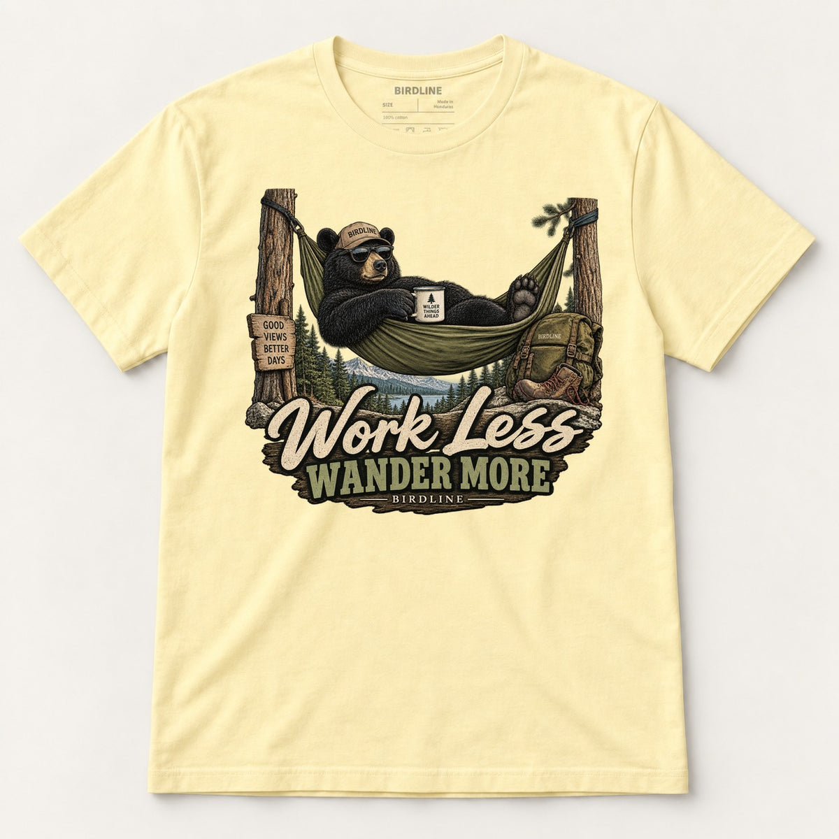 Work Less Wander More T-Shirt in Cornsilk, front view