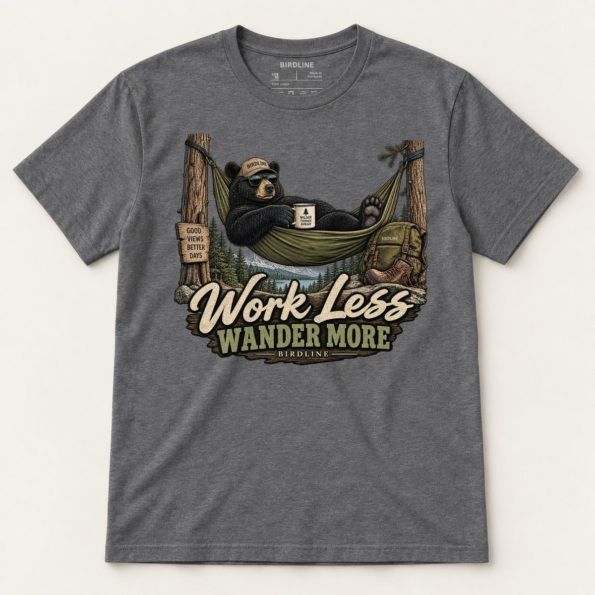 Work Less Wander More T-Shirt in Dark Heather, front view