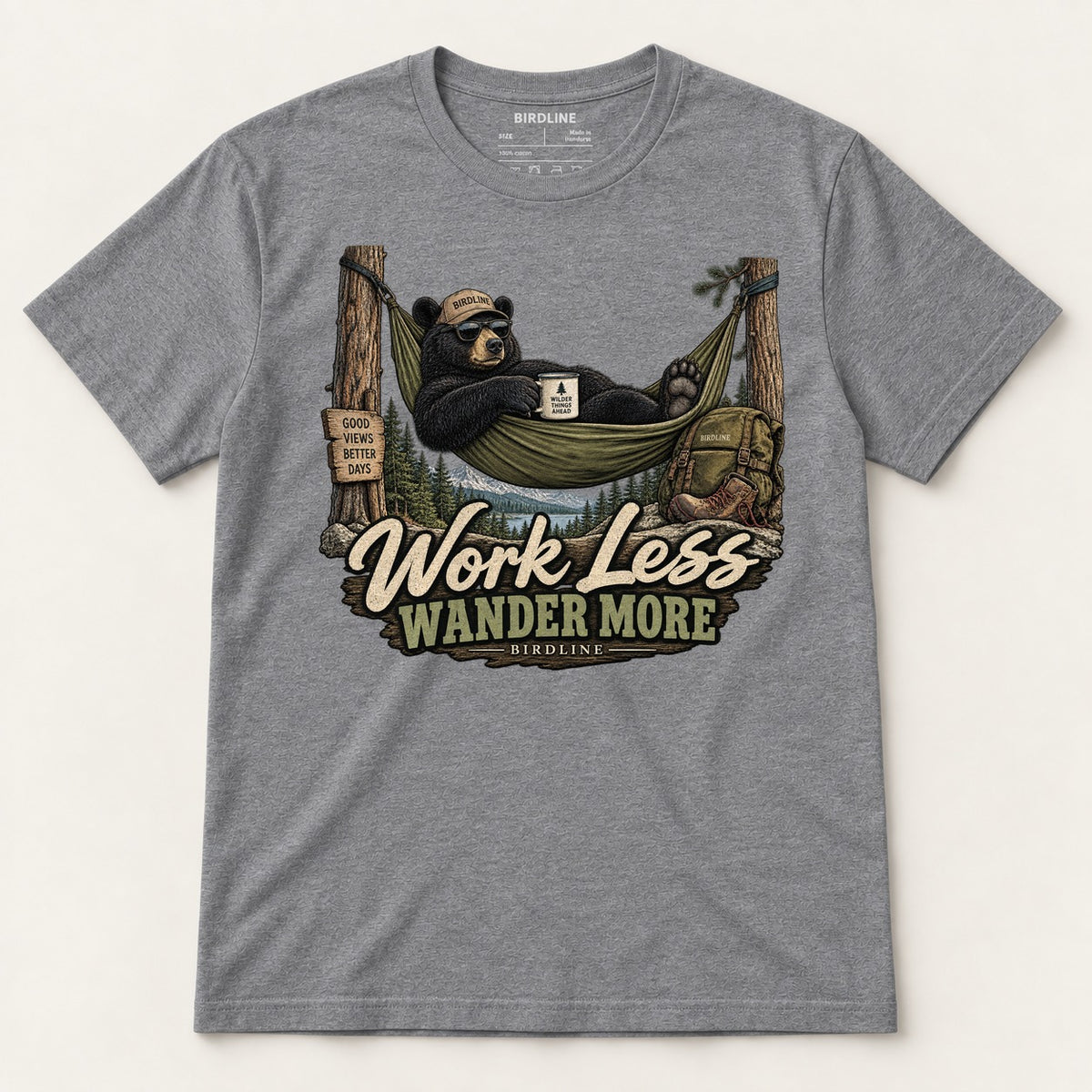 Work Less Wander More T-Shirt in Graphite Heather, front view