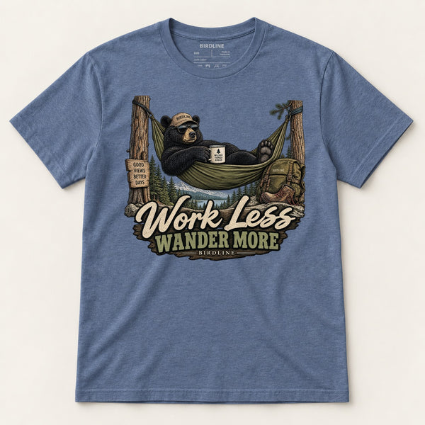 Work Less Wander More T-Shirt in Heather Indigo, front view
