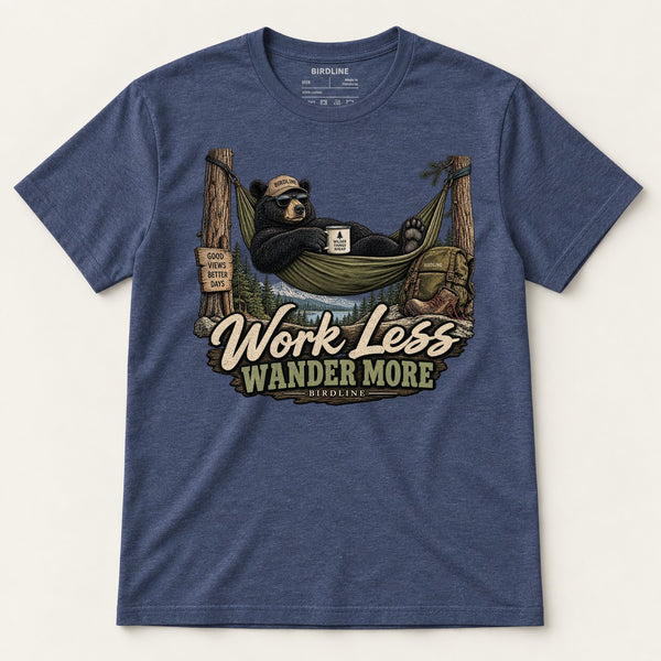 Work Less Wander More T-Shirt in Heather Navy, front view