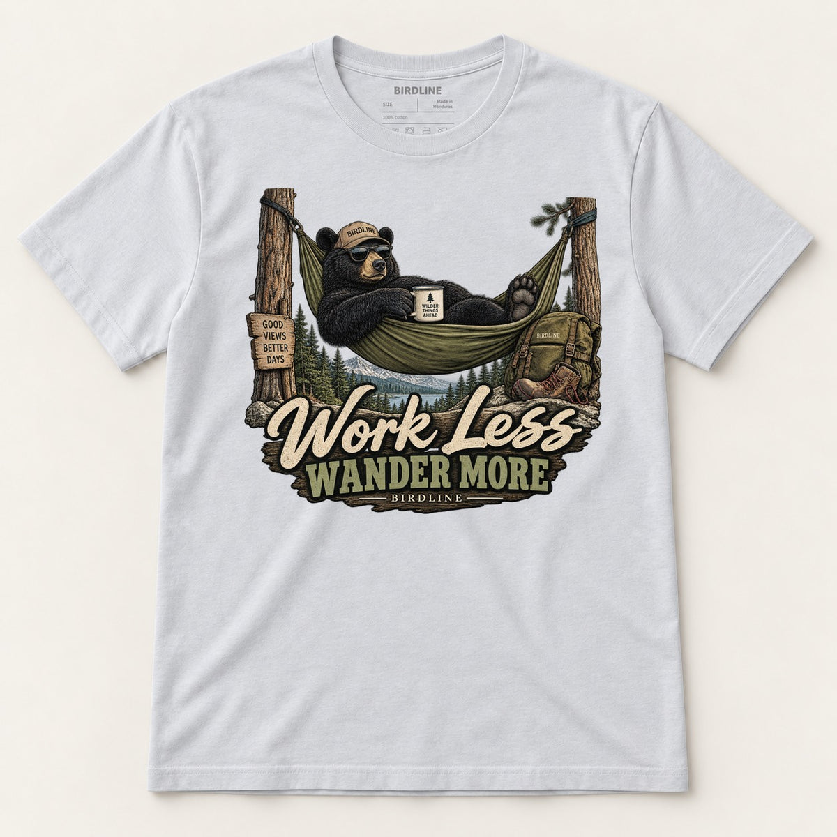 Work Less Wander More T-Shirt in Ice Grey, front view