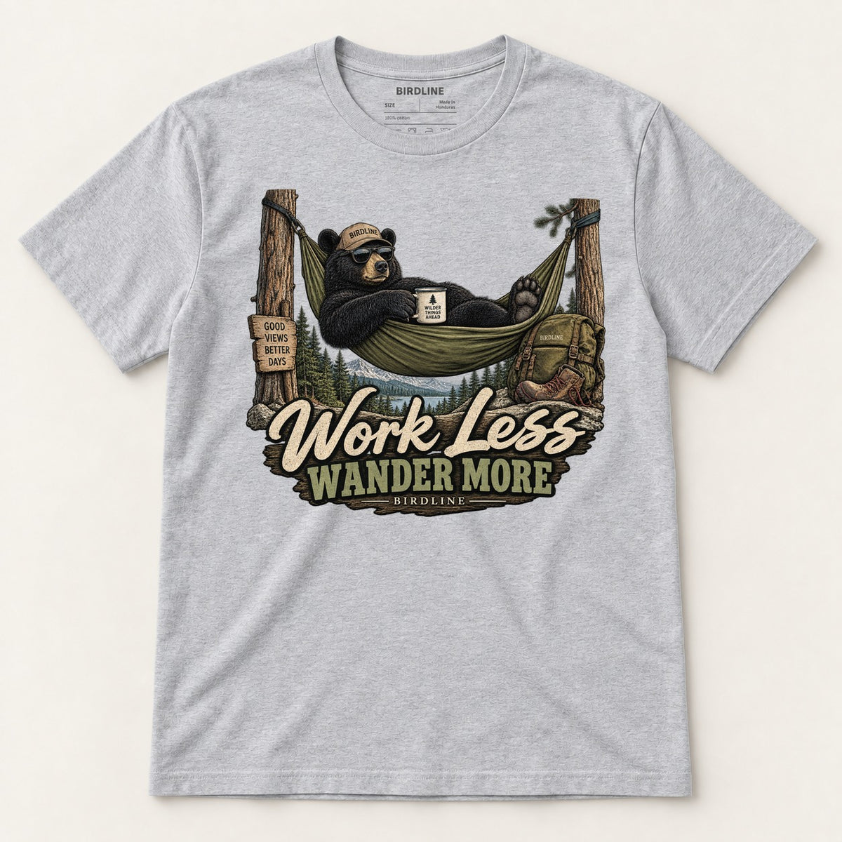 Work Less Wander More T-Shirt in Sport Grey, front view