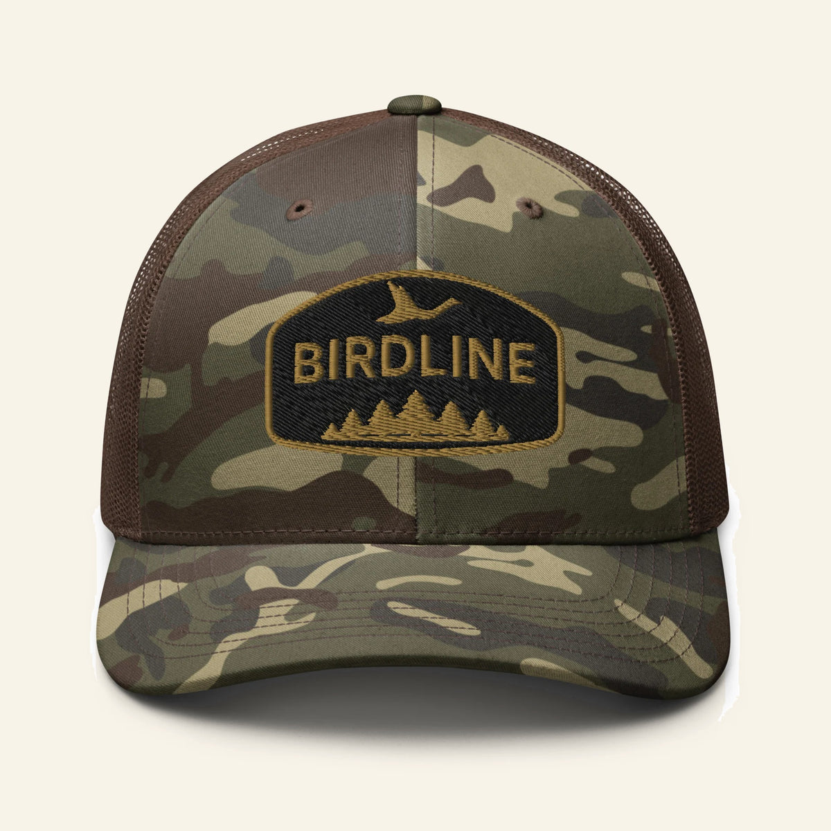 Birdline Pinewood Flight Camo Trucker Hat in Camo/Brown, front view