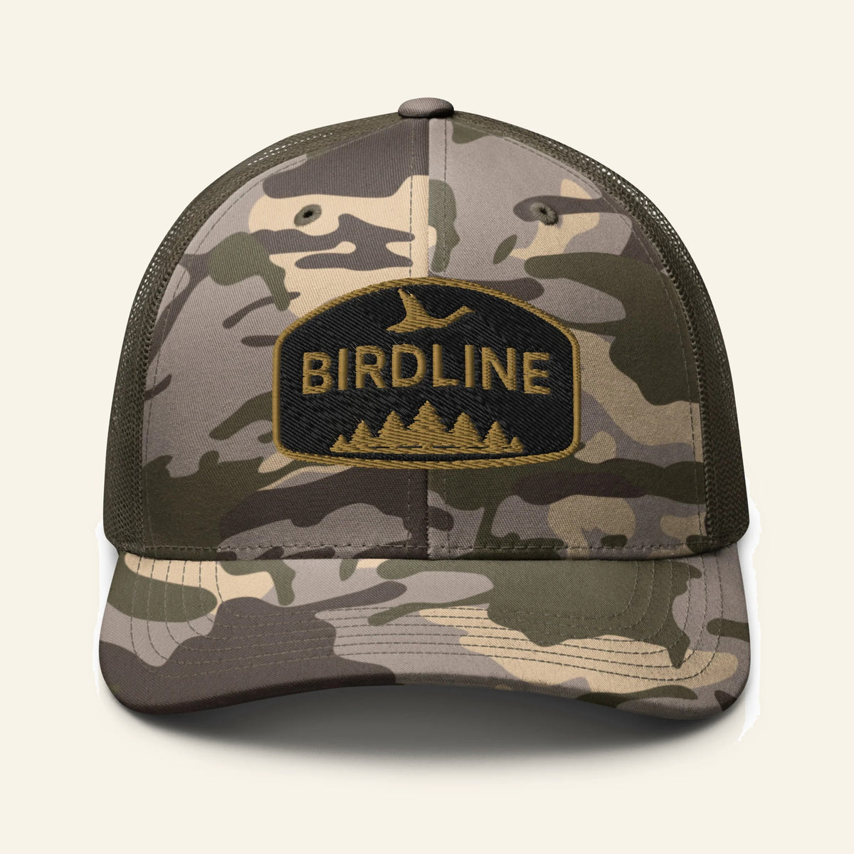 Birdline Pinewood Flight Camo Trucker Hat in Camo/Olive, front view