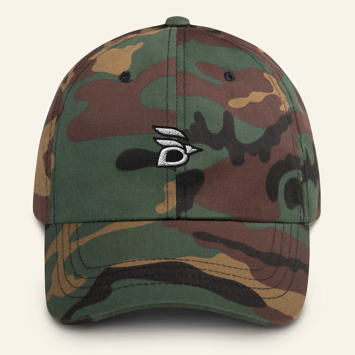 Birdline Logo Dad Hat in Green Camo, front view