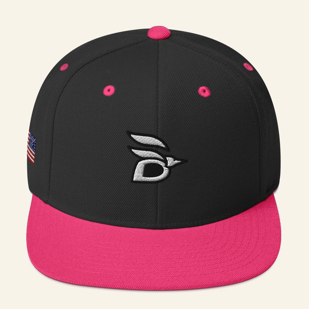Birdline Logo Flag Snapback Hat in Black/Neon Pink, front view