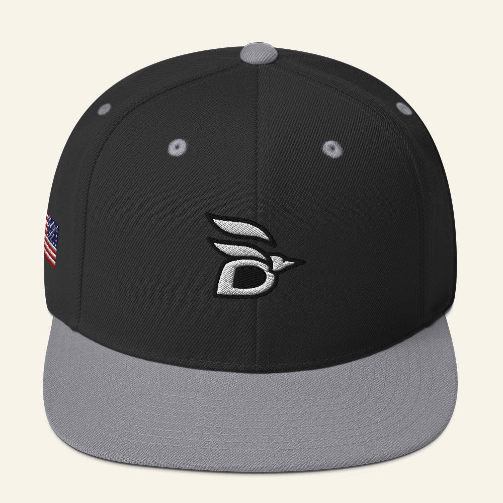 Birdline Logo Flag Snapback Hat in Black/Silver, front view
