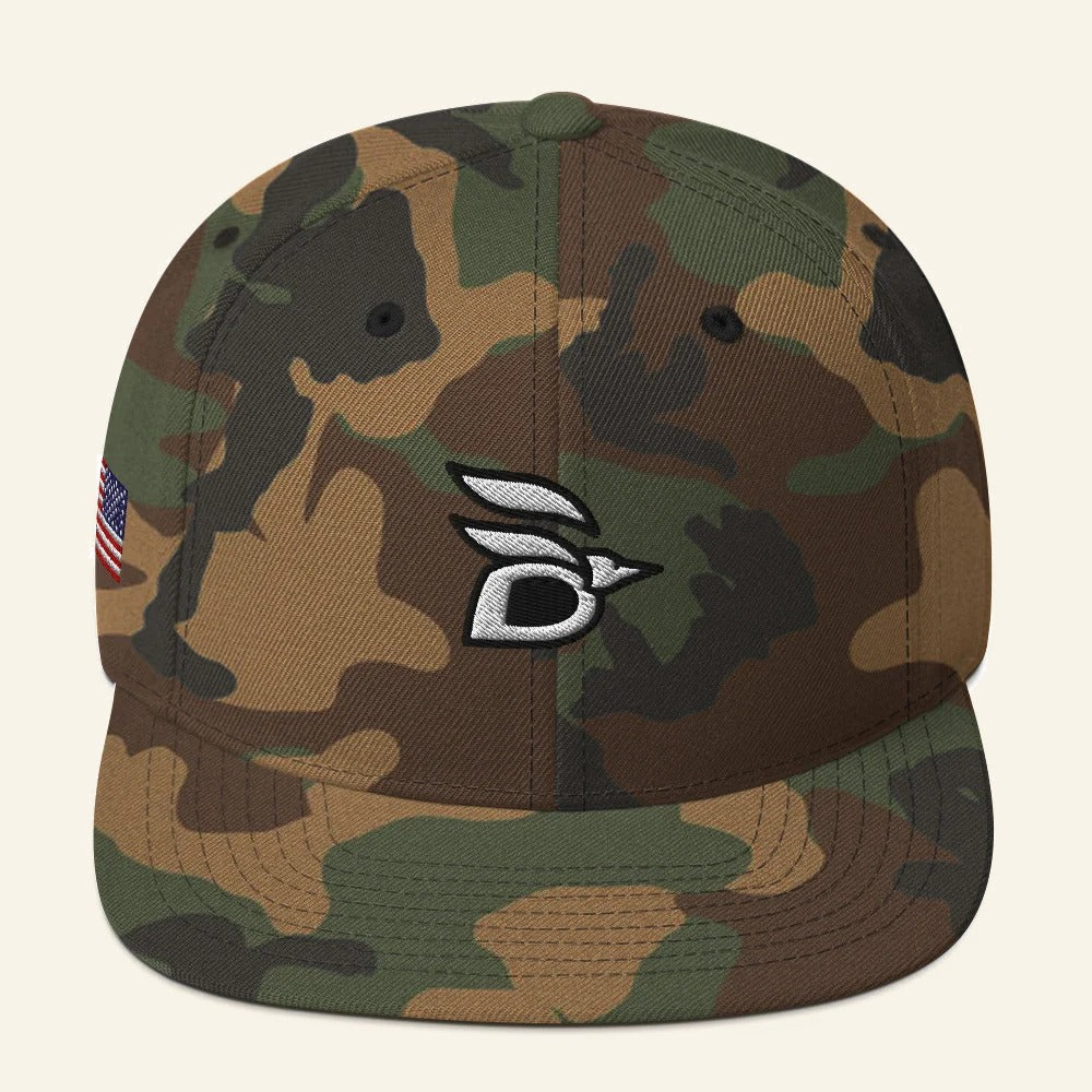 Birdline Logo Flag Snapback Hat in Green Camo, front view