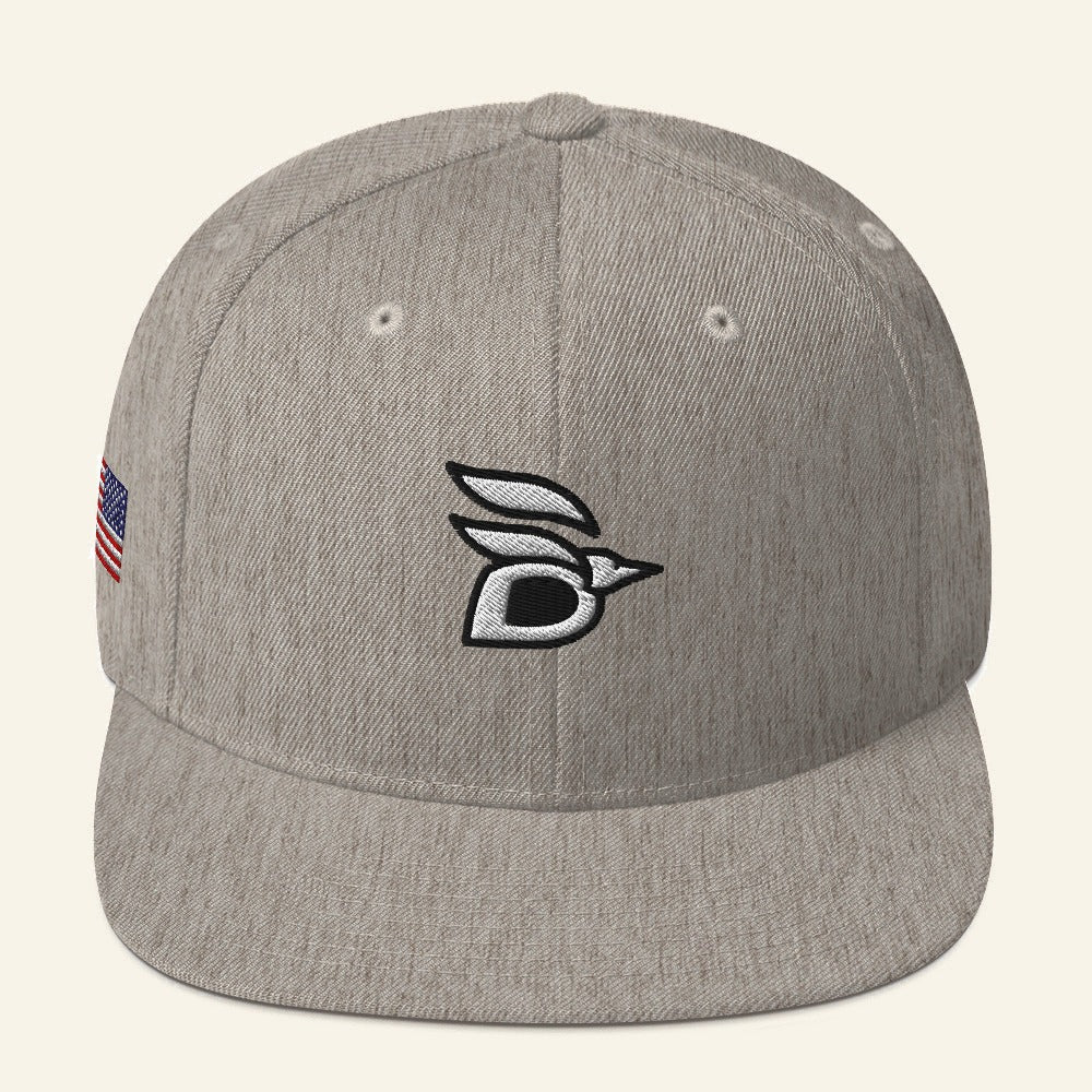 Birdline Logo Flag Snapback Hat in Heather Grey, front view