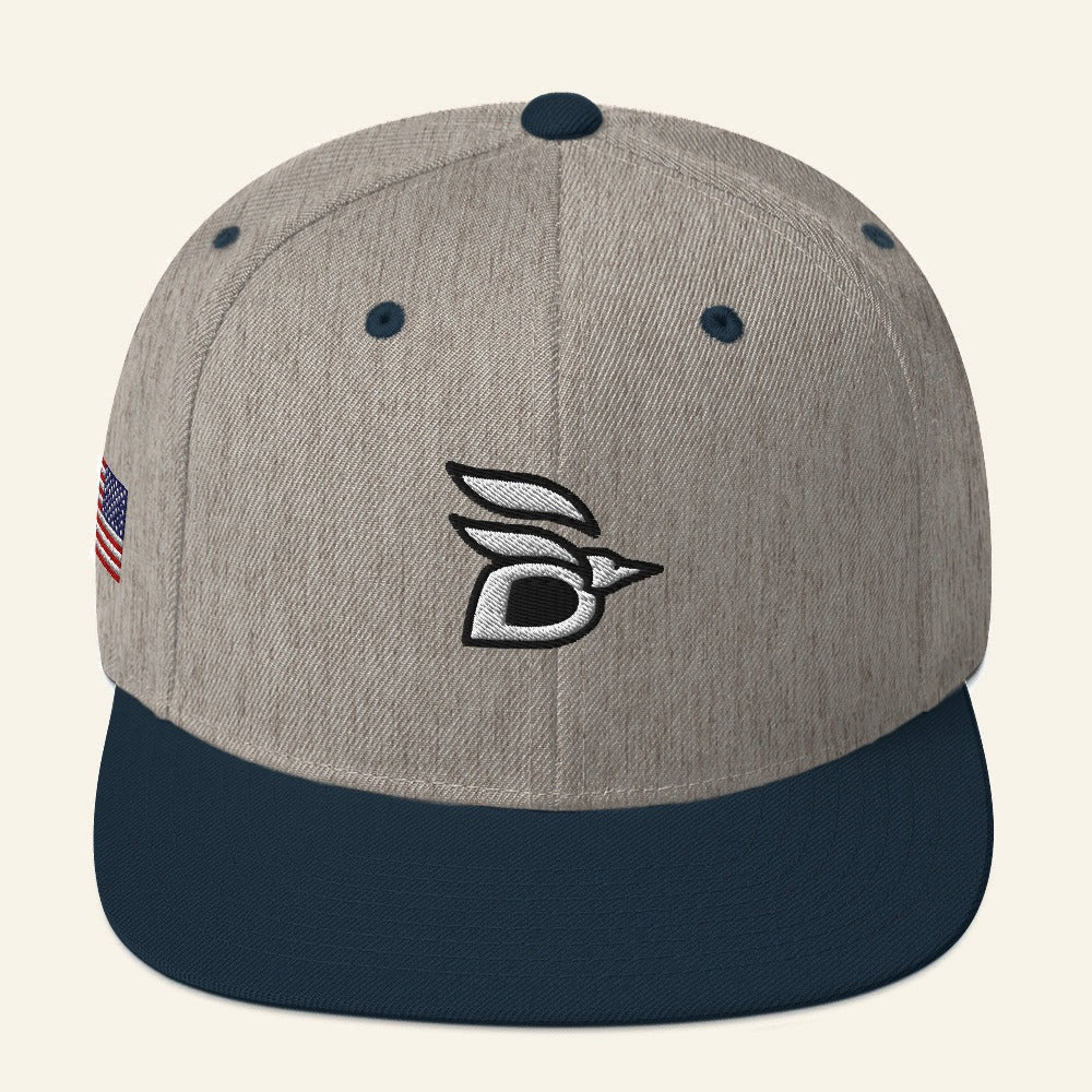 Birdline Logo Flag Snapback Hat in Heather Grey/Navy, front view