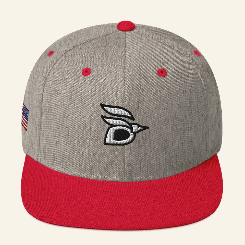 Birdline Logo Flag Snapback Hat in Heather Grey/Red, front view