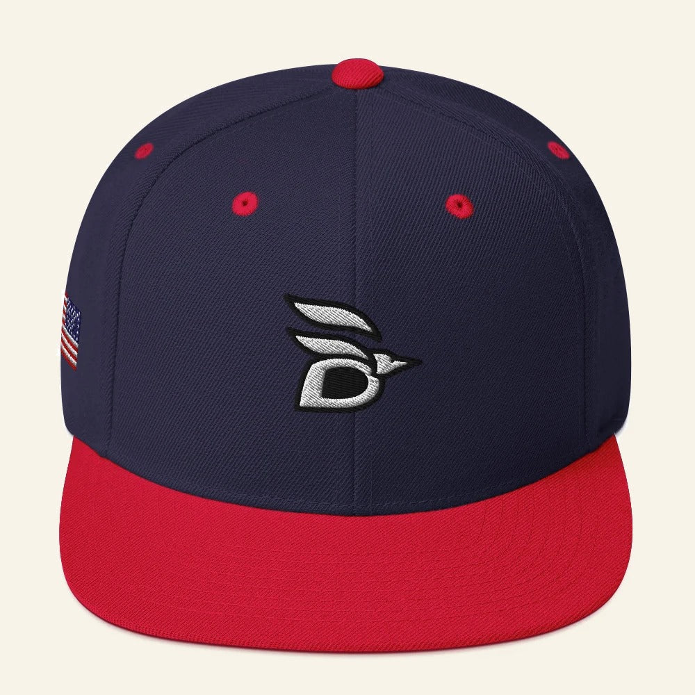 Birdline Logo Flag Snapback Hat in Navy/Red, front view