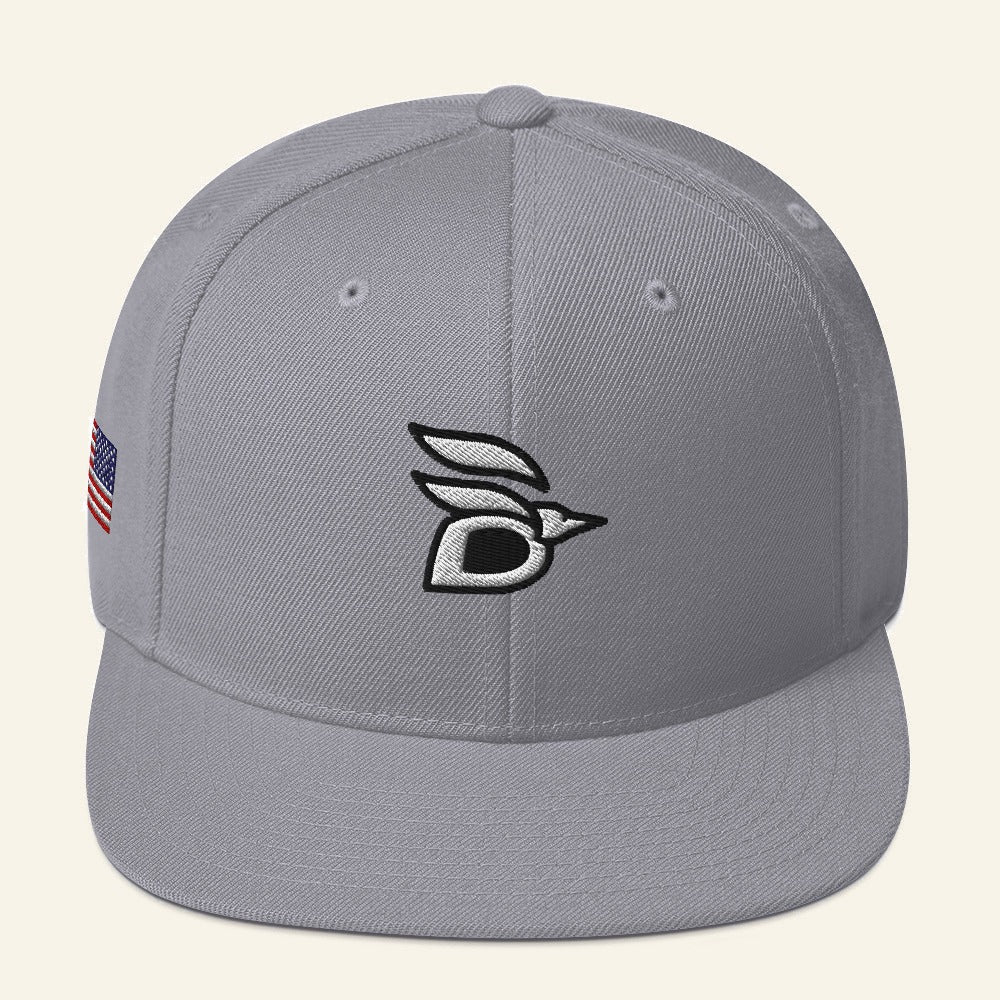Birdline Logo Flag Snapback Hat in Silver, front view