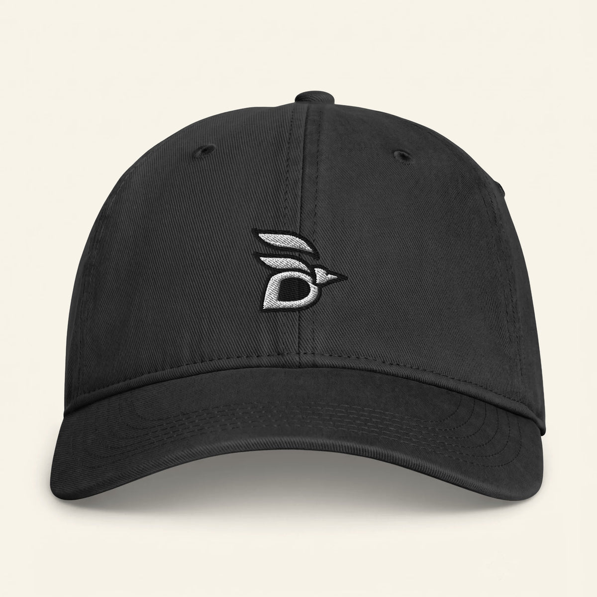 Birdline Logo Washed Cap in Black, front view premium-quality garment detail