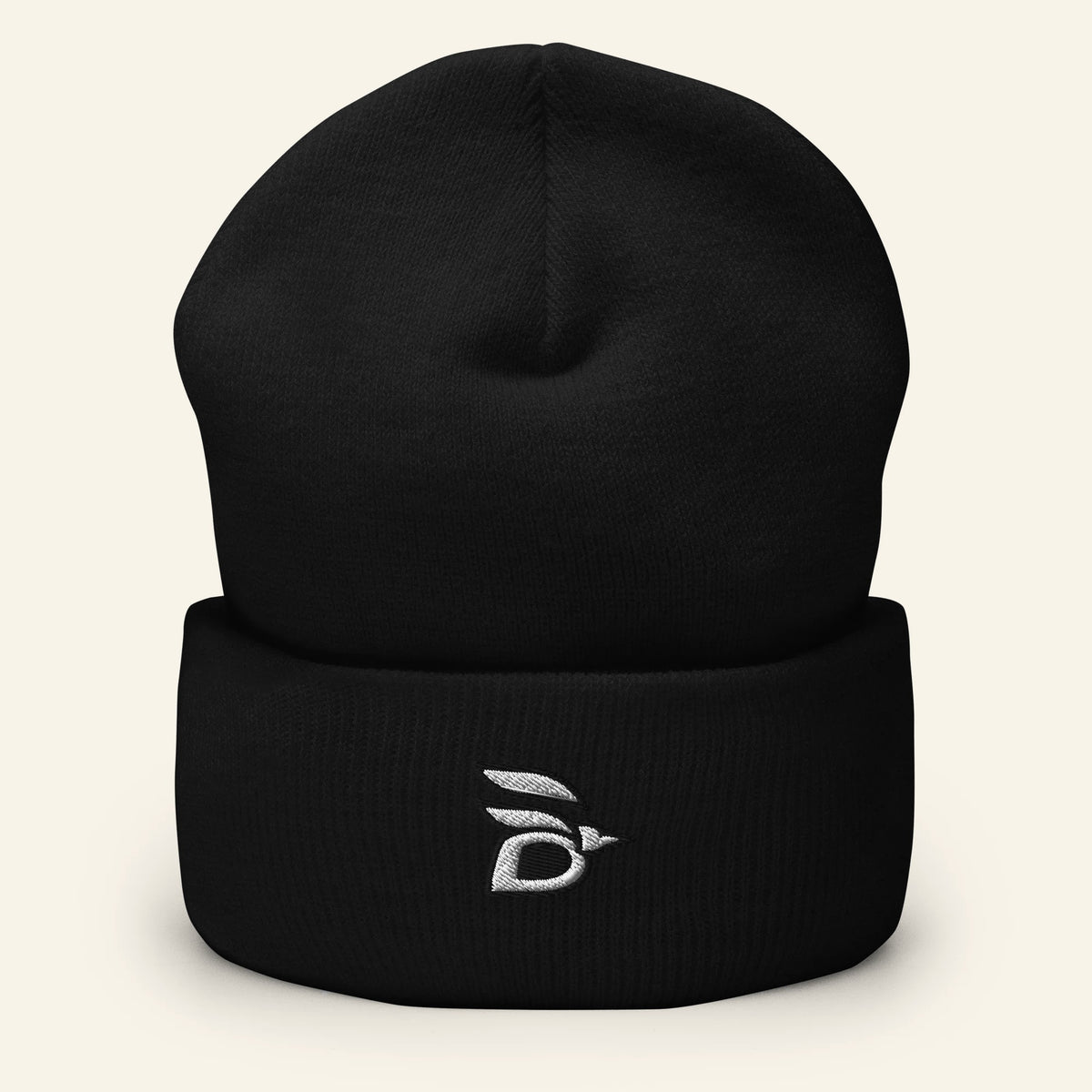 Birdline Logo Cuffed Beanie in Black, front view premium-quality garment detail