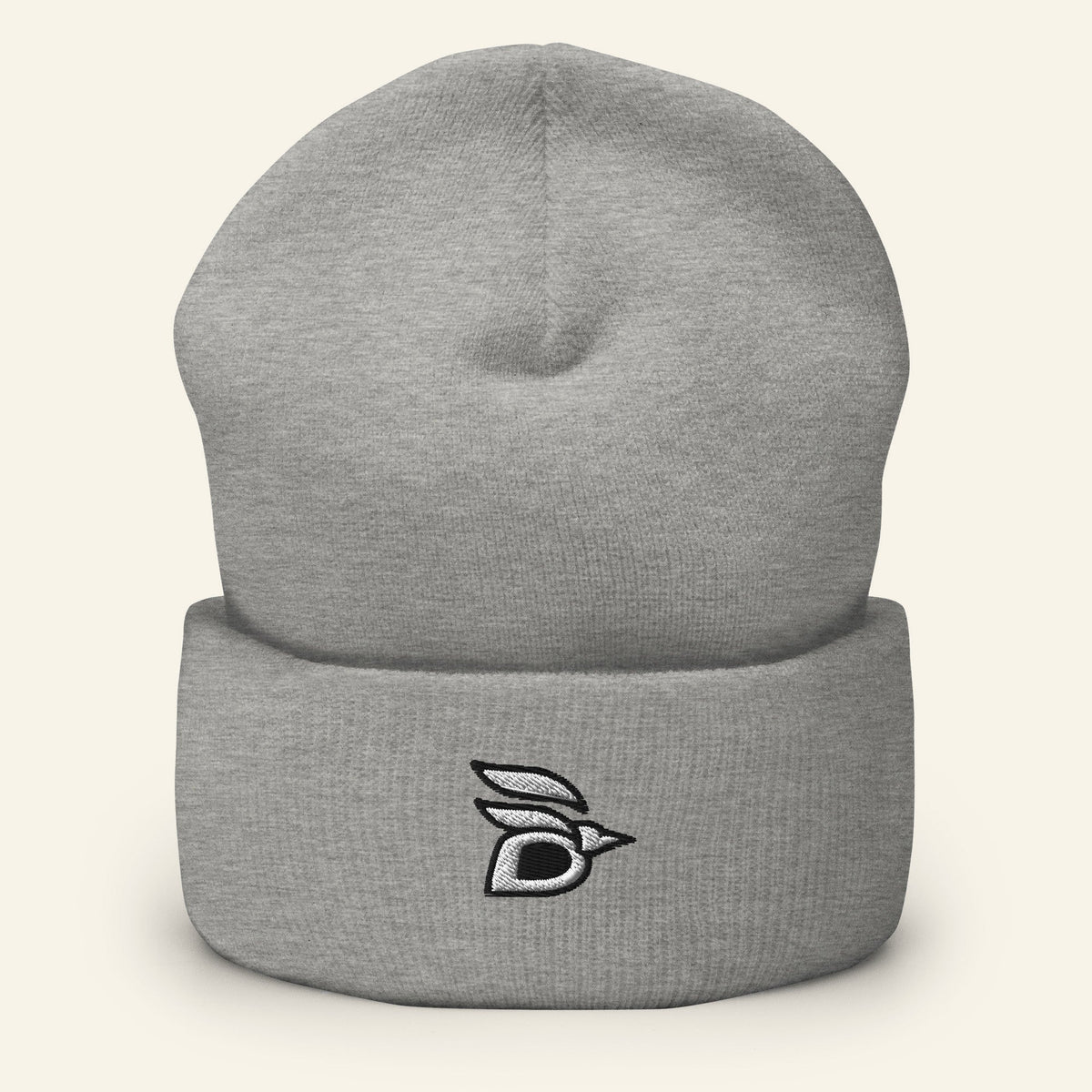 Birdline Logo Cuffed Beanie in Heather Grey, front view